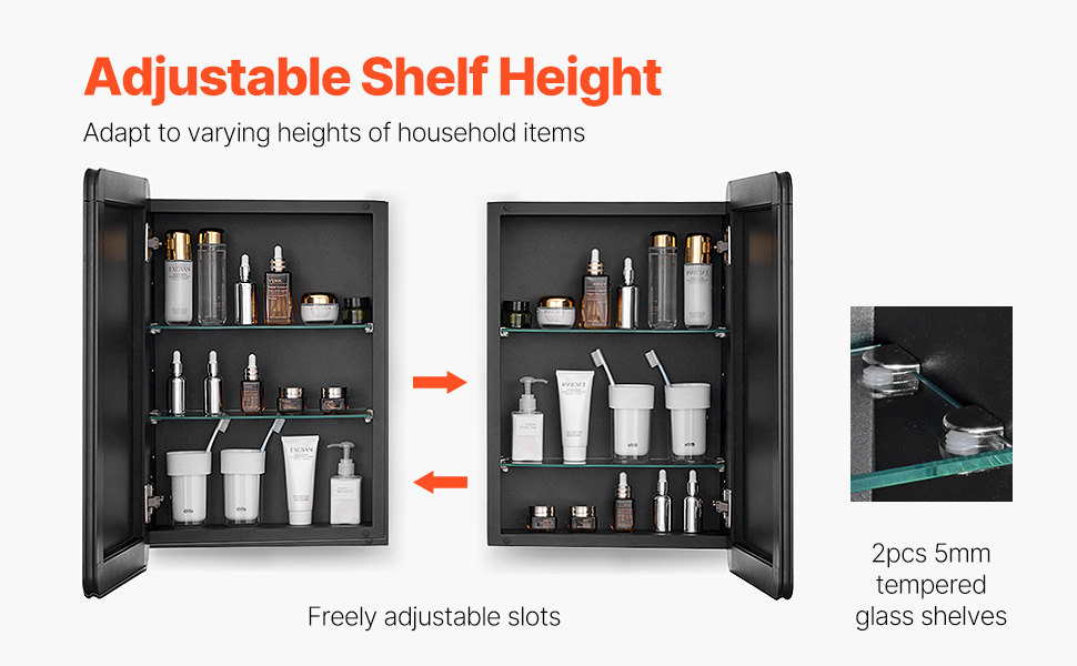 Säädettävät hyllyt peilikaapissa