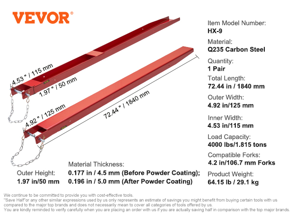 Mittakuva trukkipiikkien jatkeista