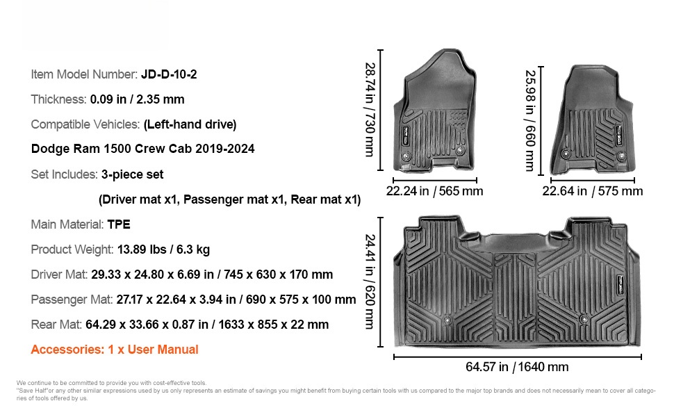 Kolmiosainen lattiamattosarja Dodge Ram 1500:aan