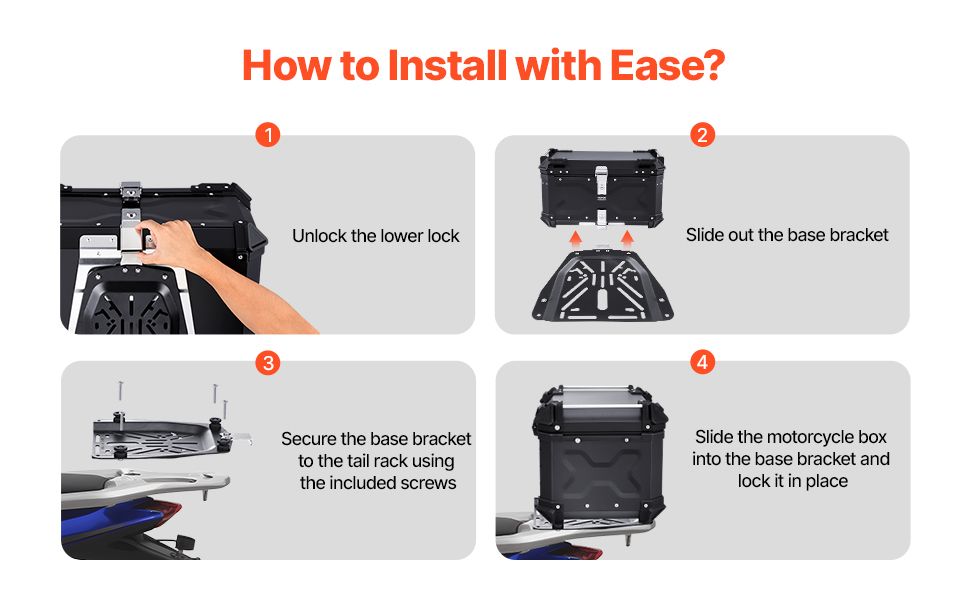 Moottoripyörän takaboksi, helppo asennus