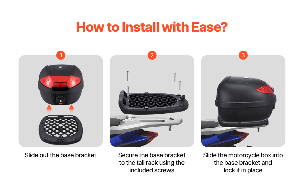 Moottoripyörän takalaukku, monireikäinen pohjalevy ja asennus