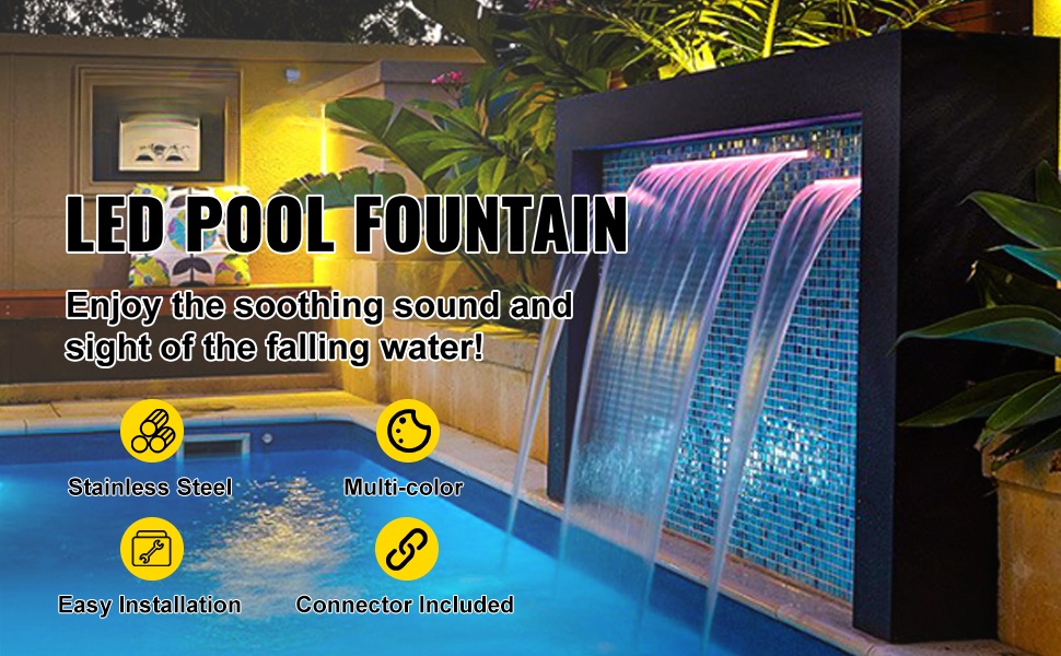 Ruostumattomasta teräksestä valmistettu vesiputousallas LED-valolla