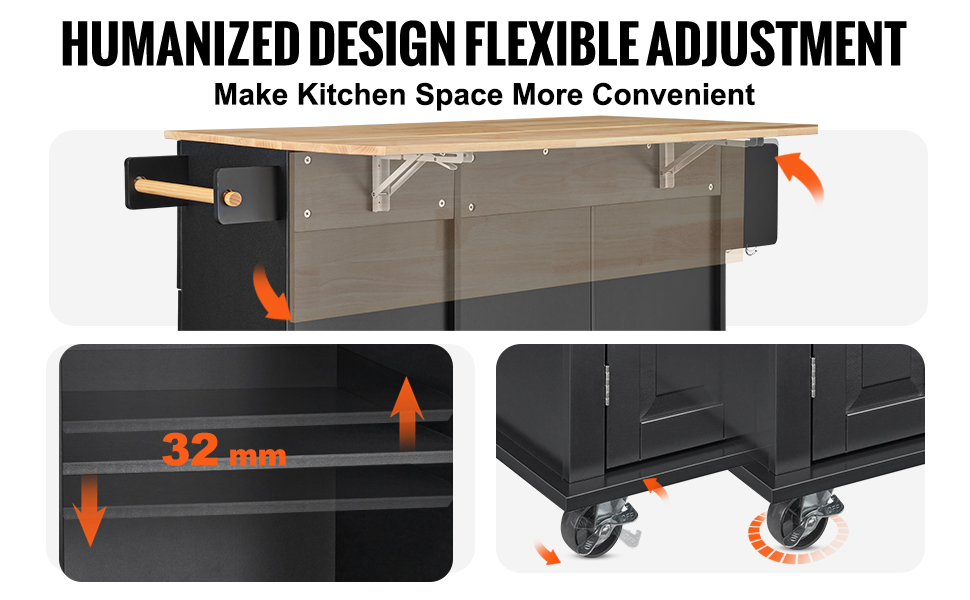 Keittiösaareke pyörillä ja säädettävällä hyllyllä