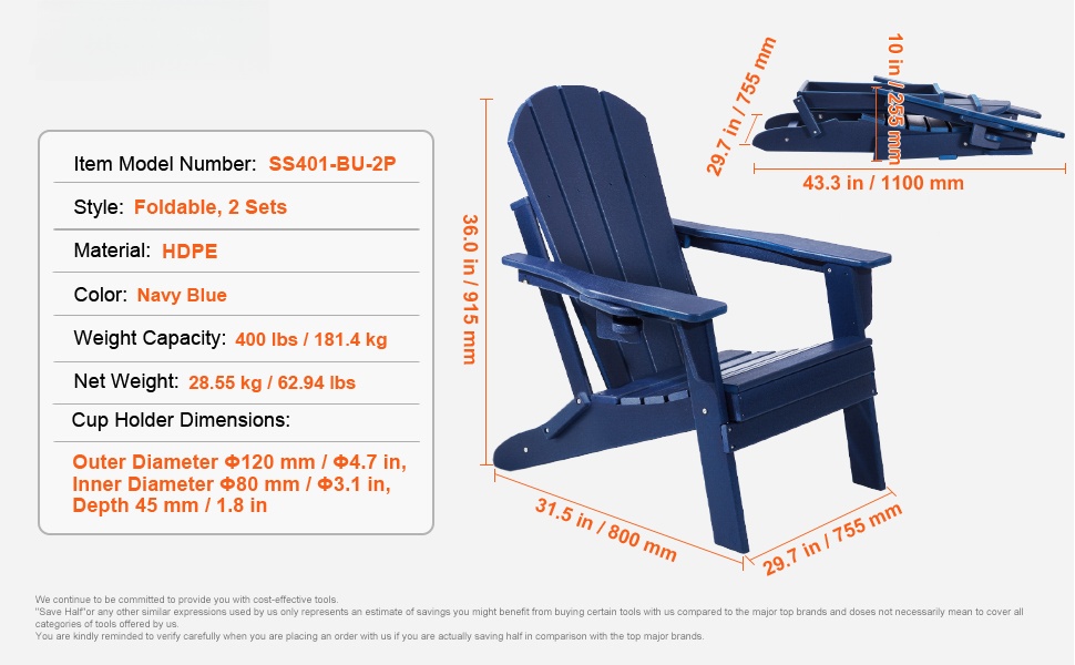Mitat ja tekniset tiedot Adirondack-tuolille