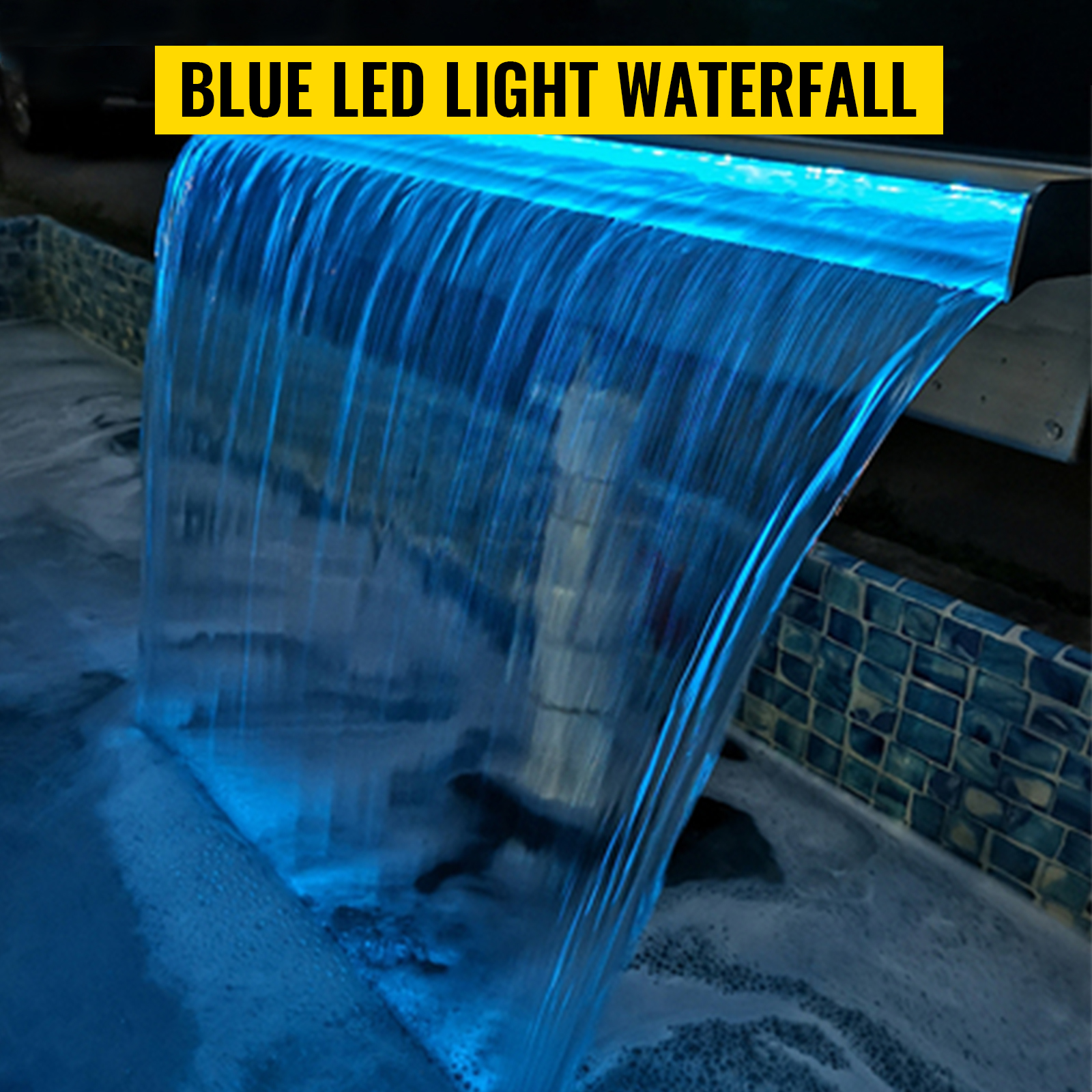 Sininen LED-valo vesiputouksessa