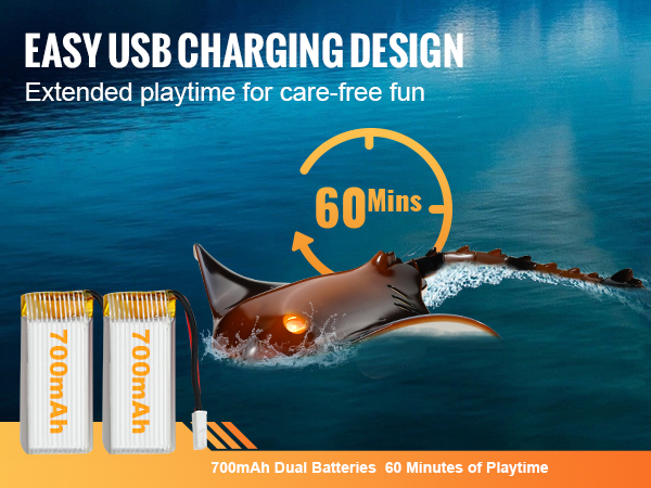 Pitkä leikkiaika kahdella akulla ja USB-latauksella