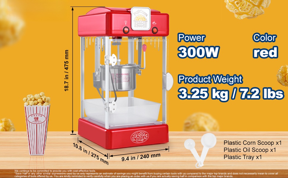 Popcorn-koneen mitat ja yleisnäkymä