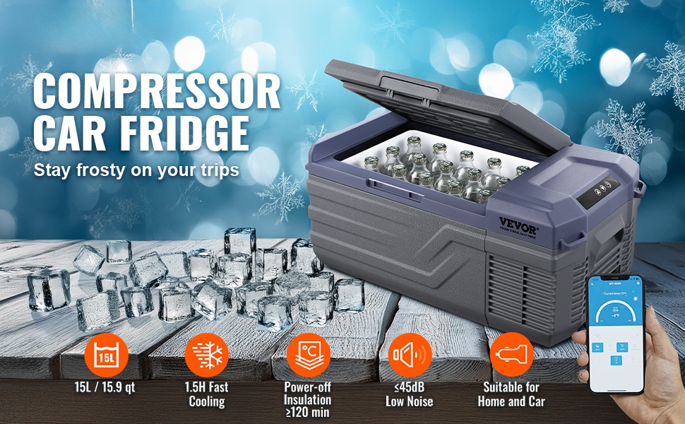 Auton kompressorijääkaappi 15 L etuviisto näkymä