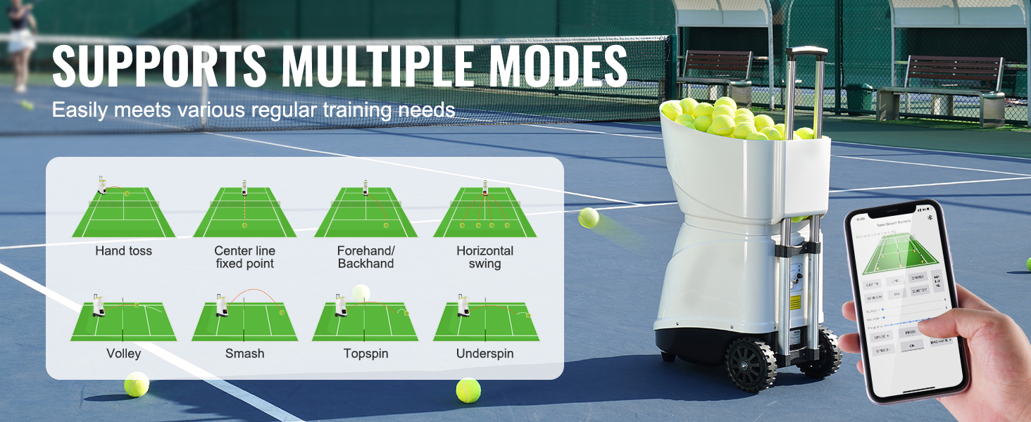 Useita harjoitustiloja tennispallokoneella