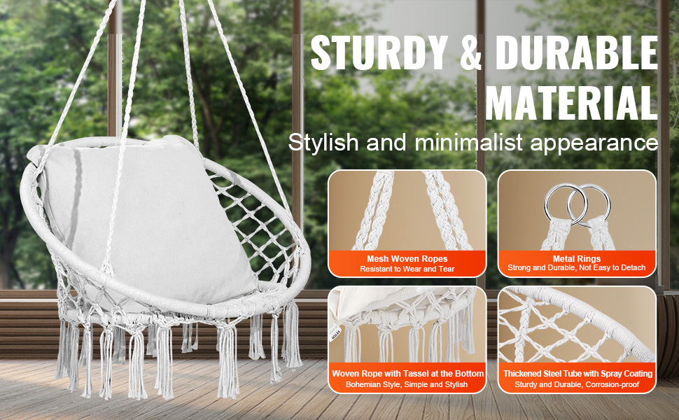 Riippuva keinutuoli, teräsrunko ja kudottu köysirakenne