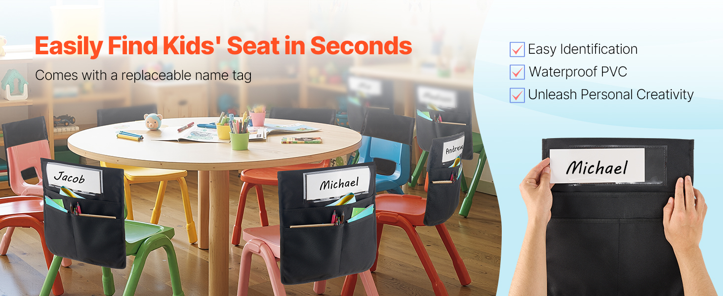 Nimikorttipaikka tuolin selkänojan taskussa