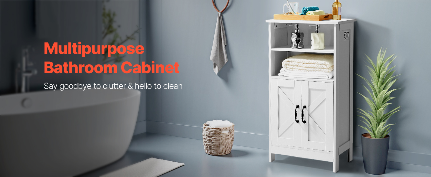 Valkoinen kylpyhuonekaappi kylpyhuoneen lattialle