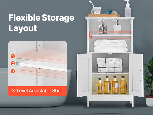 Useita säilytyskorkeuksia tarjoava kylpyhuonekaappi