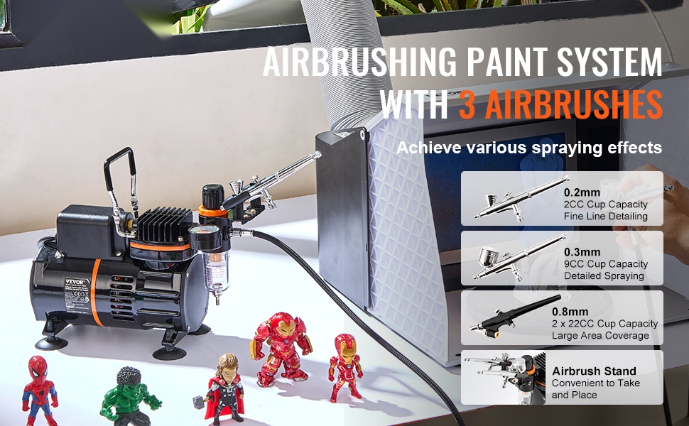 Airbrush-kokonaisuus kompressorilla ja ilmasäiliöllä