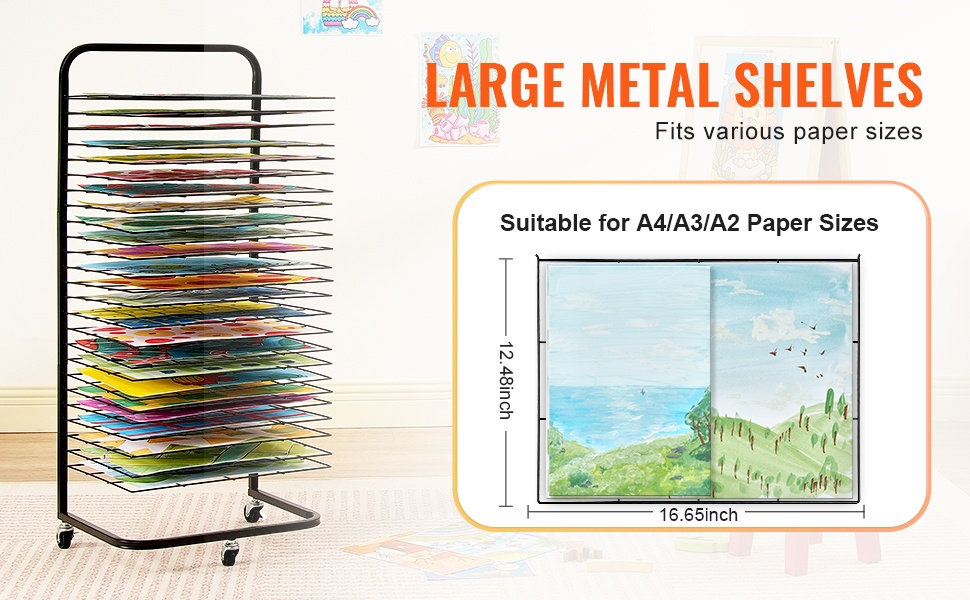 Metallinen taidekuivausteline useilla hyllyillä