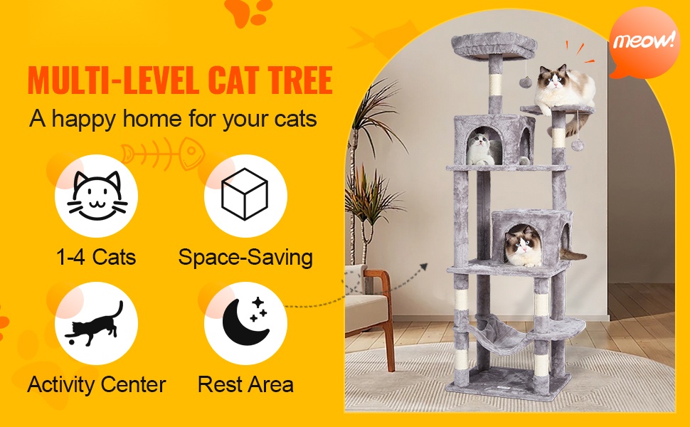 Monitasoinen kissan raapimispuu ja leikkikeskus