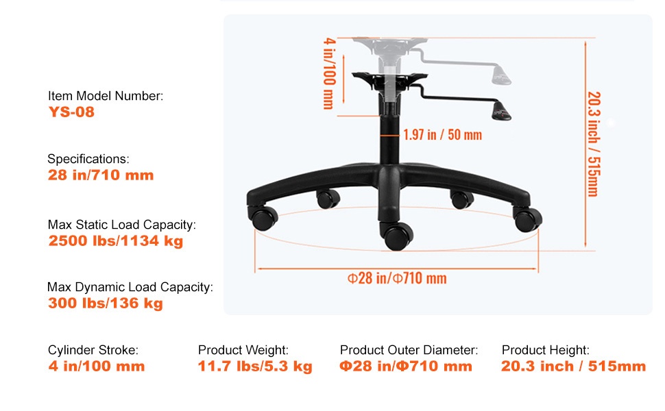 Toimistotuolin jalusta, yksityiskohdat