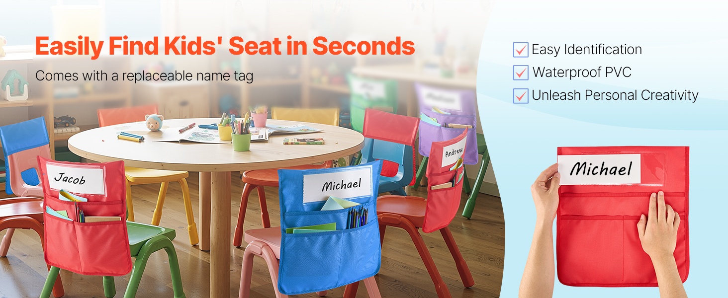 Nimikorttipaikka tuolin selkänojan taskussa