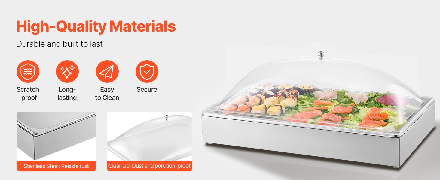 Ruokataso, jossa ruostumaton teräsvuoka ja kirkas kansi