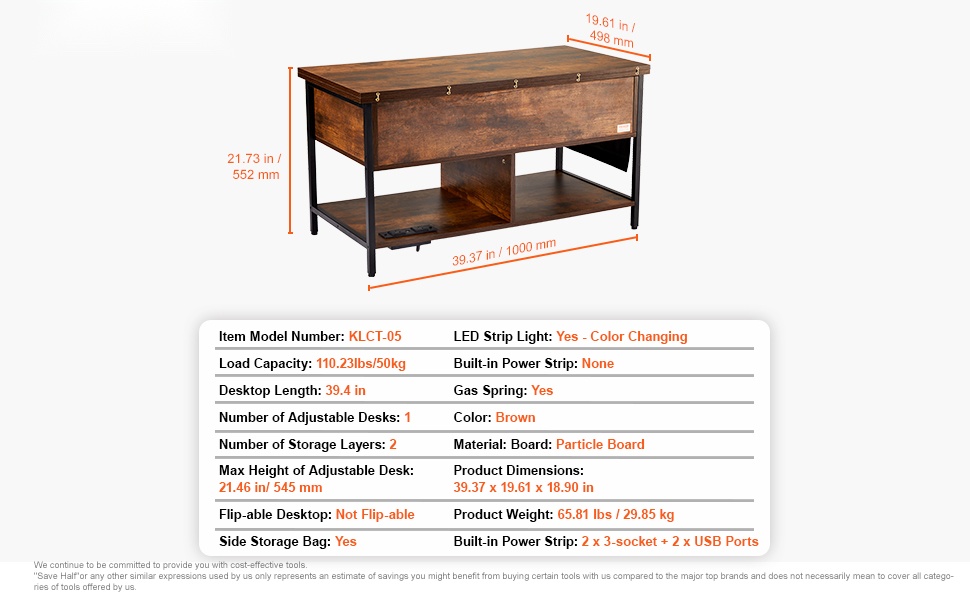 Sohvapöydän mitat ja kapasiteetti