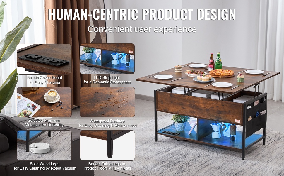 Korkeajalkainen sohvapöytä ja helposti puhdistettava pinta