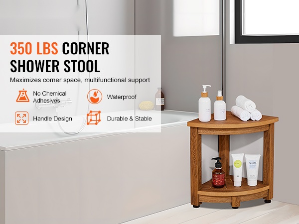 Teak-kulmasuihkupenkki kylpyhuoneen kulmassa