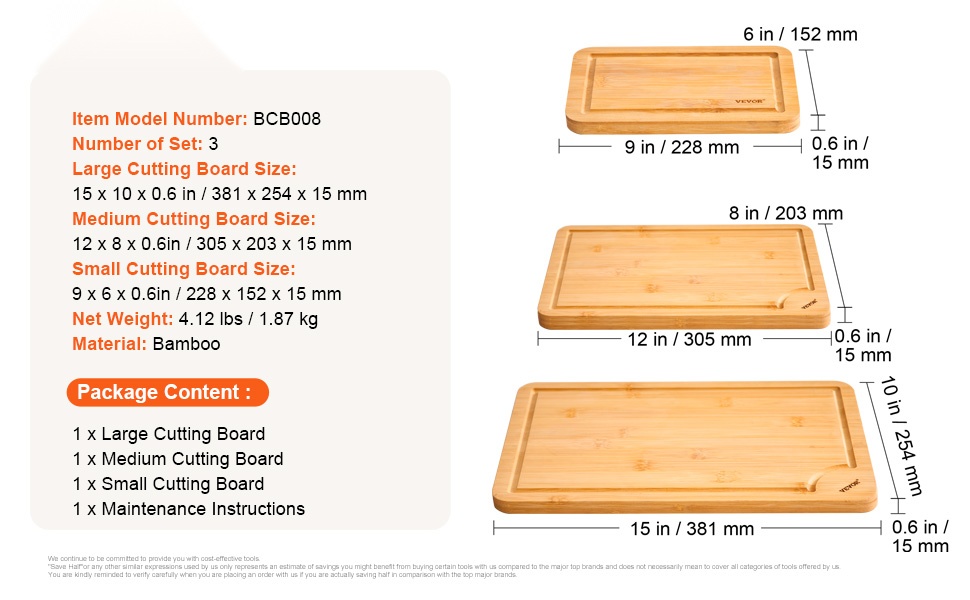 Kolmen bambuleikkuulaudan kokovaihtoehdot