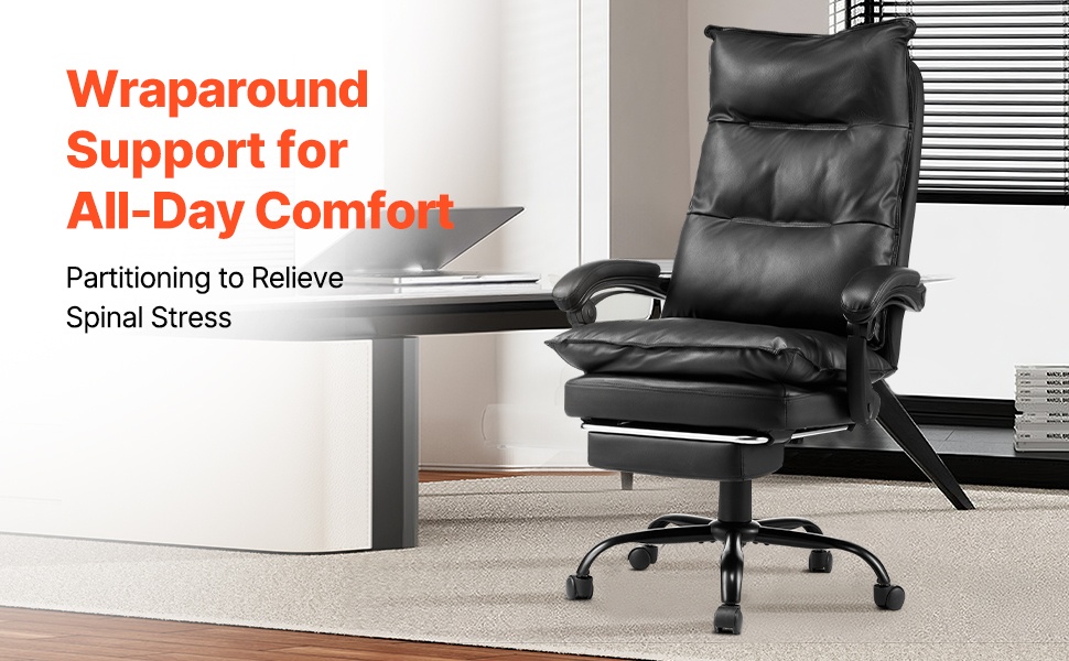 Toimiston johtajantuoli, korkea selkänoja ja jalkatuki