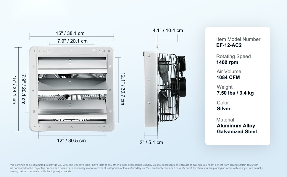 Poistoilmapuhallin mittoineen