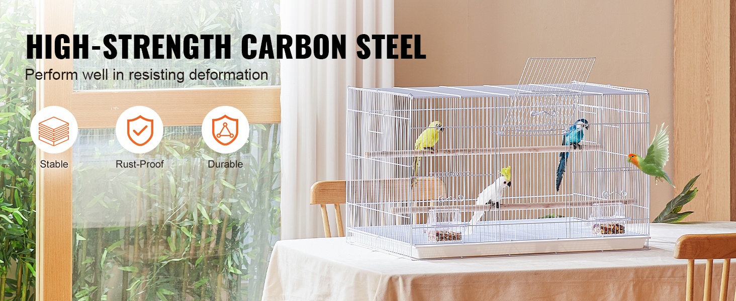 Lintuhäkki, jossa useita ruokinta-alueita, orsia ja keinu