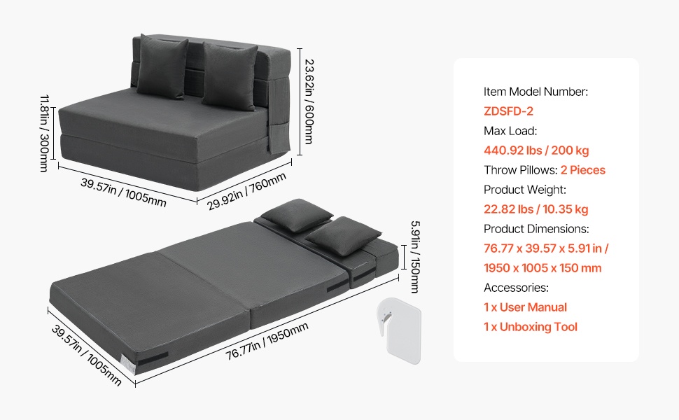 Taitettavan vuodesohvan mitat