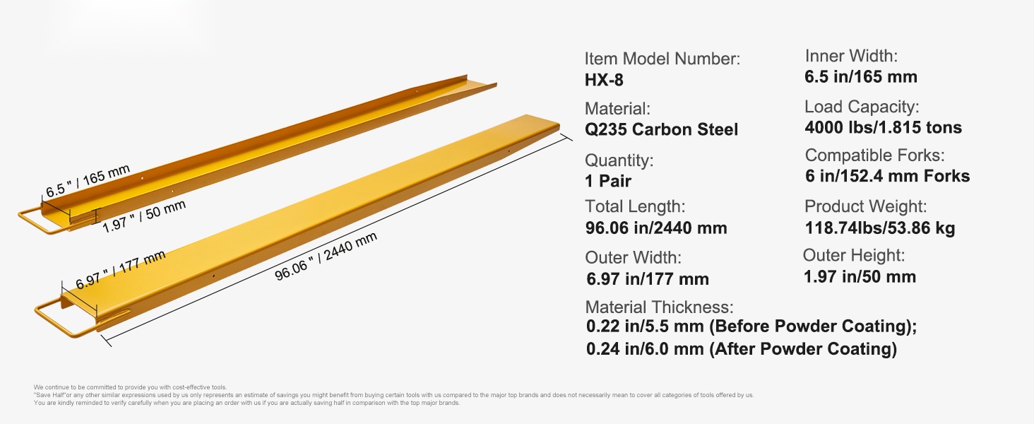Lavahaarukan jatkeiden mitat