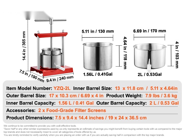 Puristimen kokotiedot