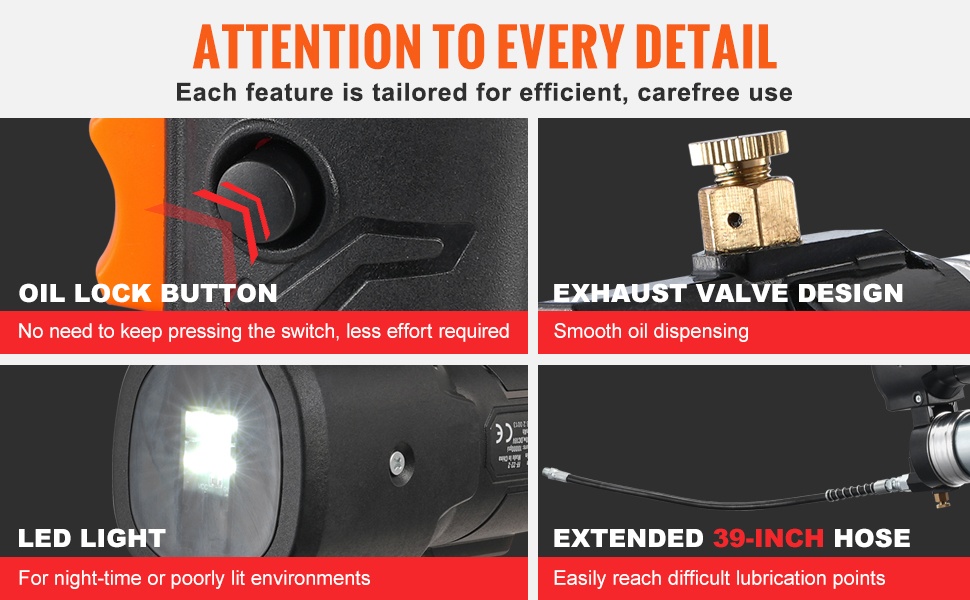 Rasvaprässi LED-valolla ja pitkällä letkulla