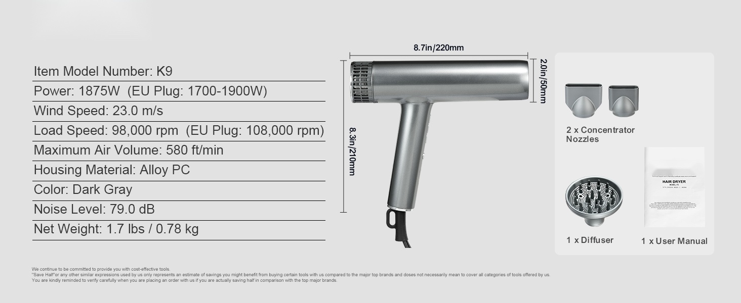 Hiustenkuivaimen mitat ja yksityiskohdat
