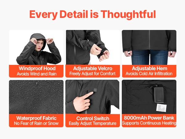 Naisten lämmitettävän takin yksityiskohtia