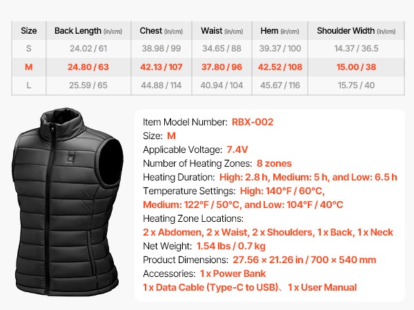 Lämmitettävän liivin kokotiedot