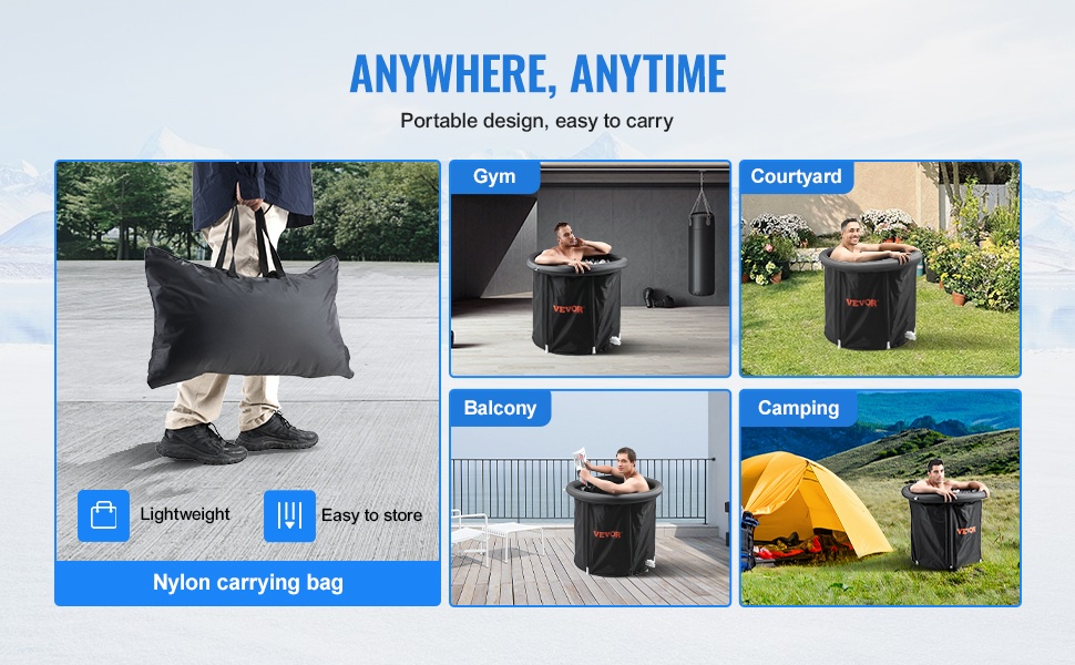 Jääkylpyamme taitettuna ja kantolaukussa