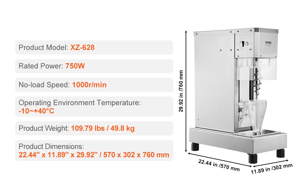 Jäätelösekoittimen mitat ja rakenne
