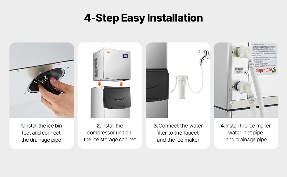 Jääpalakoneen asennus ja vedenpoisto