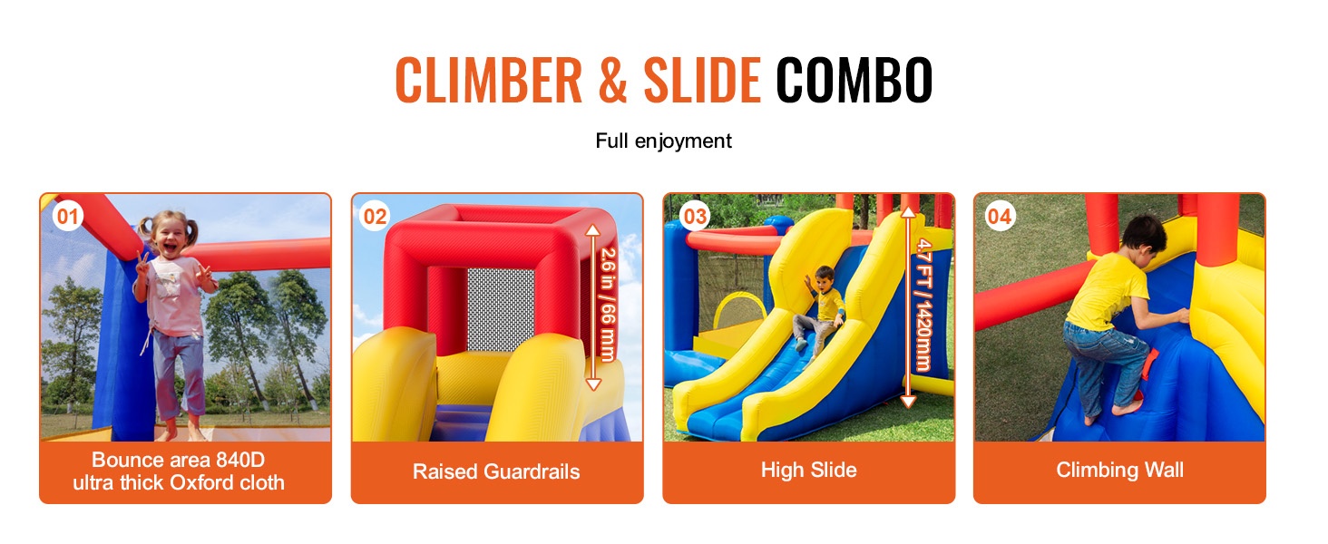 Hyppelyalue, liukumäki ja kiipeilyseinä