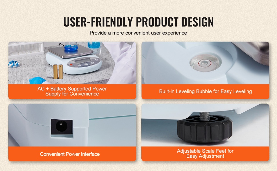 Laboratorio-vaaka, säätöjalat ja vatupassi