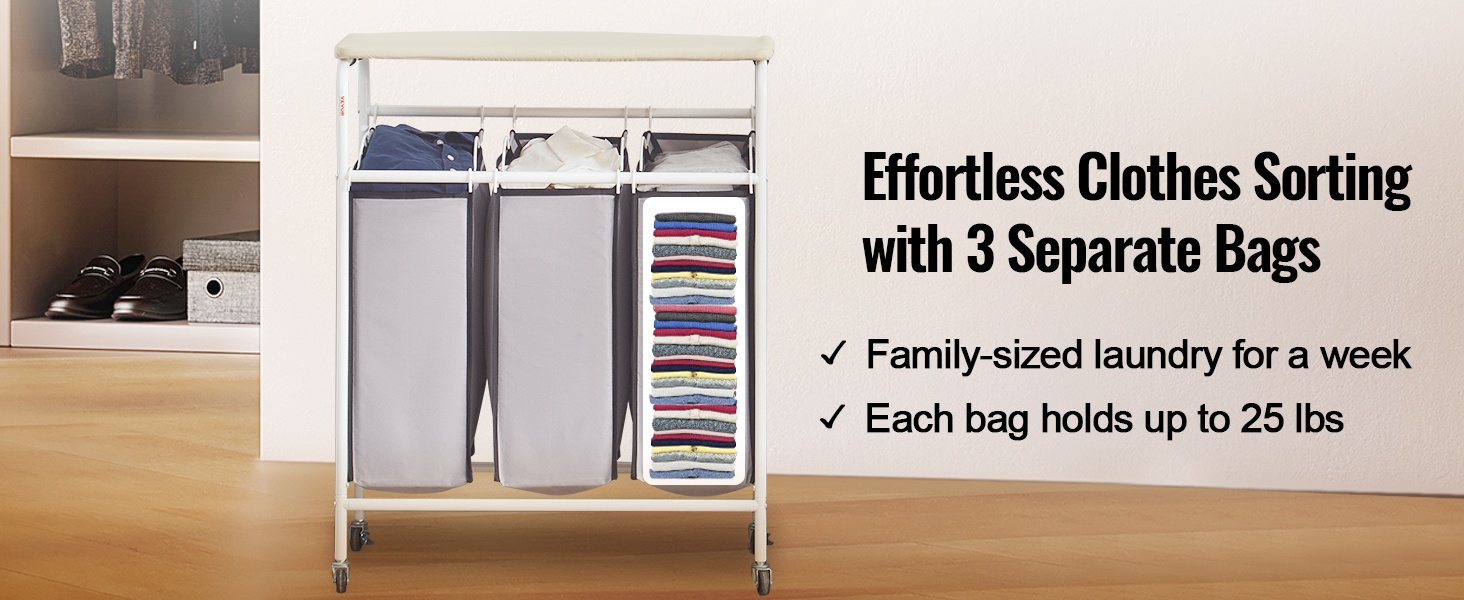 Kolme irrotettavaa pyykkipussia