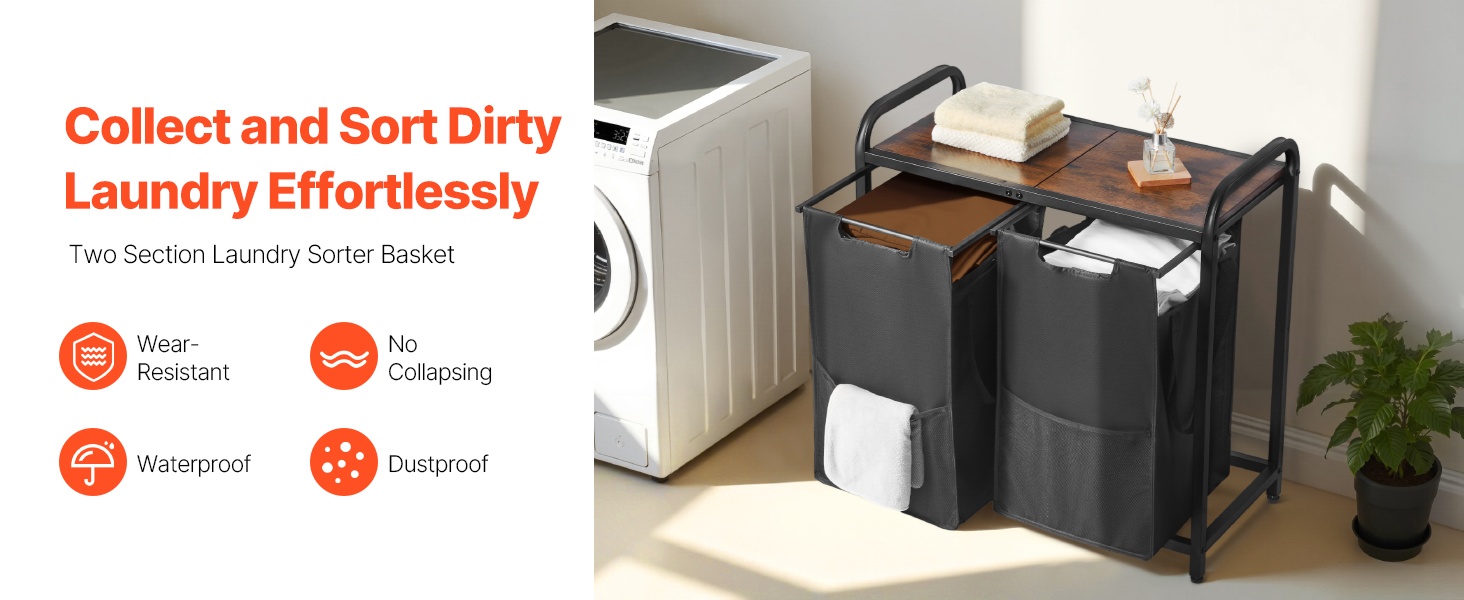 4-osastoinen pyykkilajittelija metallirungolla ja puisella kannella