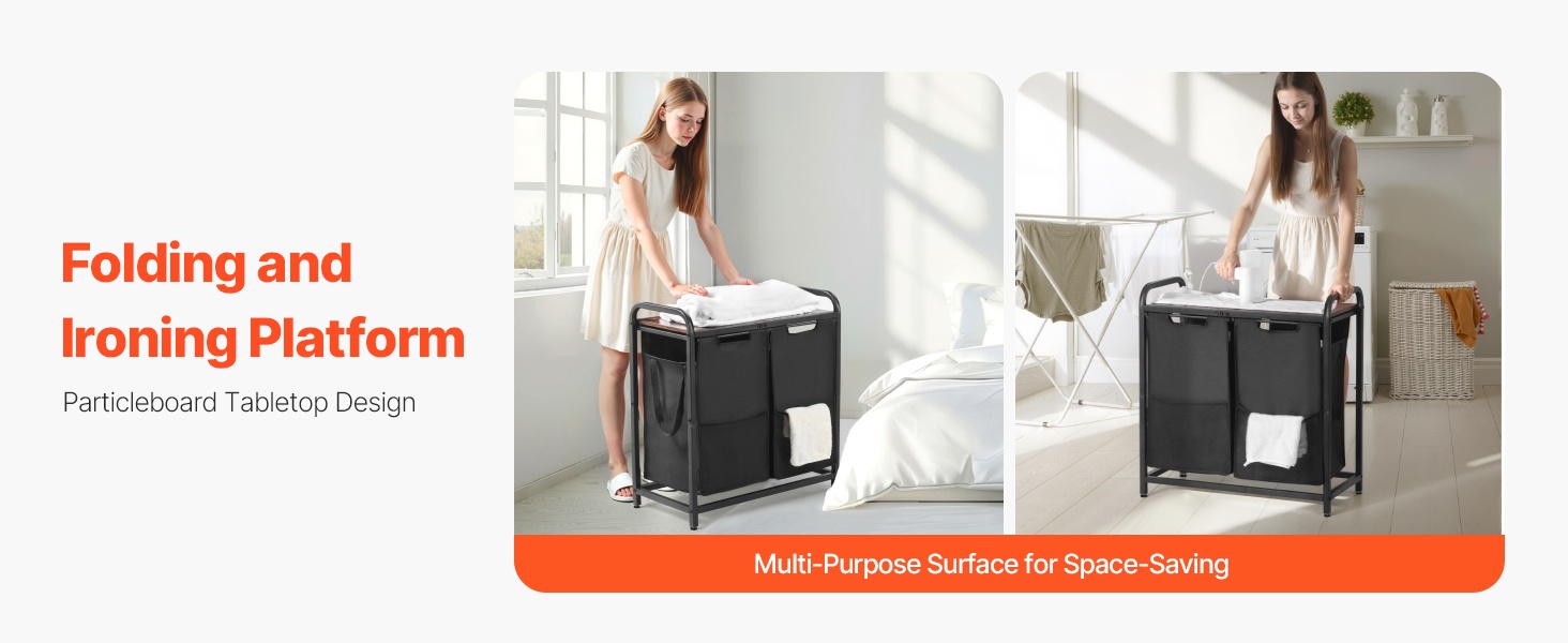 Metallirunko, säädettävät jalat ja sivutasku pyykkilajittelijassa