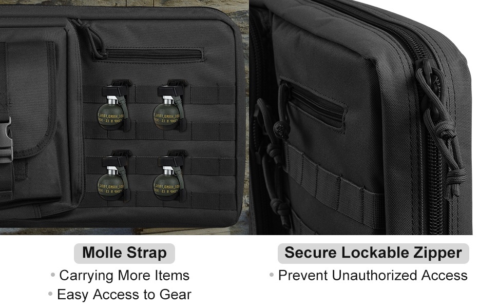 Molle-järjestelmä ja lukittava vetoketju kiväärilaukussa