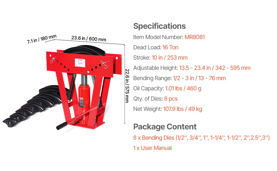 Putkentaivuttimen mitat ja rakenne