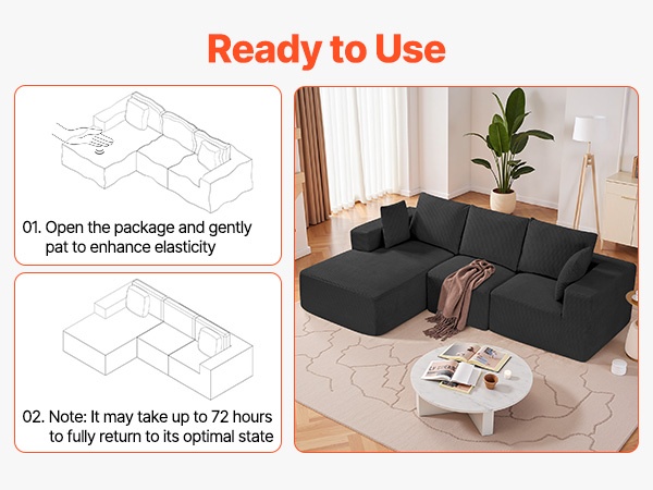 Modulaarisen sohvan pehmusteiden pöyhintä