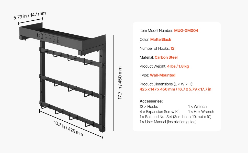 Kahvimukiteline mittoineen