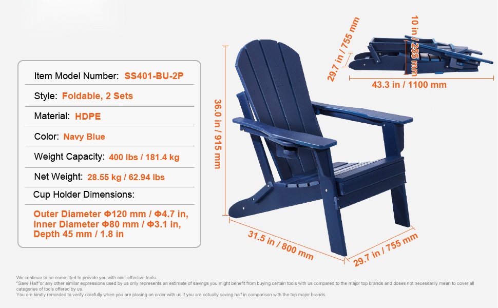 Mitat ja tekniset tiedot Adirondack-tuolille